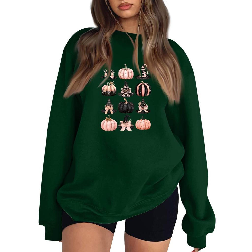 Women's Long Sleeve Neck Sweatshirt Loose Fit Casual Pullover Top with Small Halloween Print
