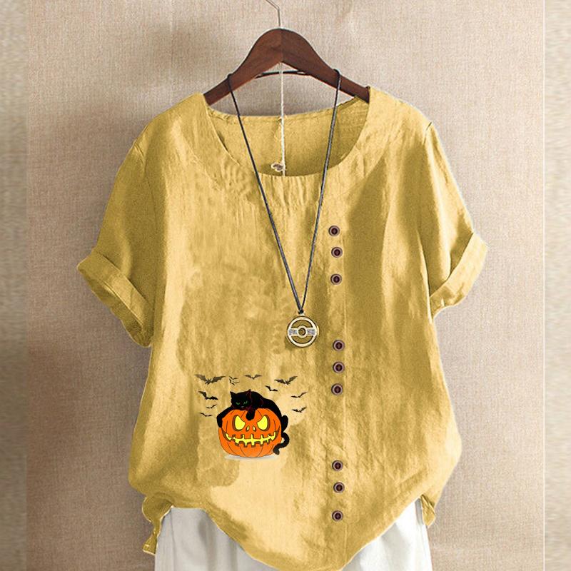 Women's Fashion Round Neck Short Sleeve T-shirt Casual Cotton Linen Graphic Shirt Leisure Loosepumpkin Lantern Prined Summer Blouse Tops