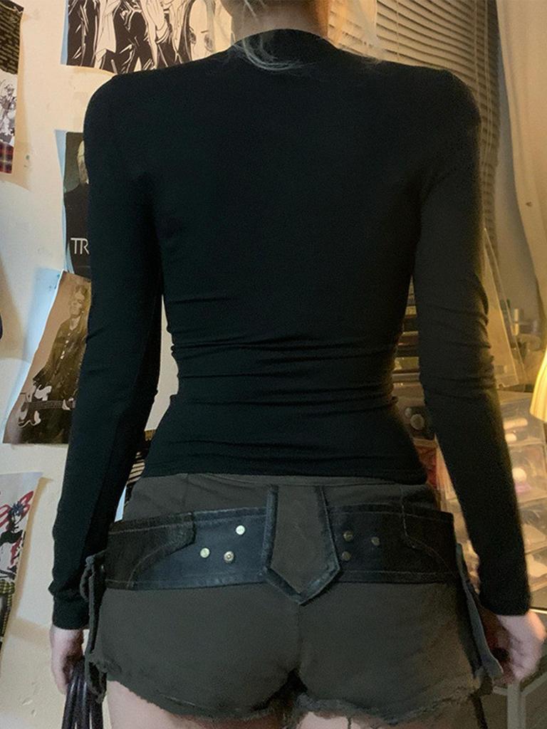 Y2K Tmavý síťovaný patchworkový slim fit sexy průsvitný top s dlouhým rukávem a výřezy