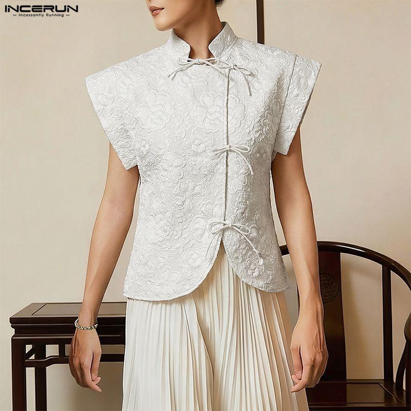 INCERUN Camisetas Casuales para Hombre de Verano Vintage de Manga Corta con Textura y Flores