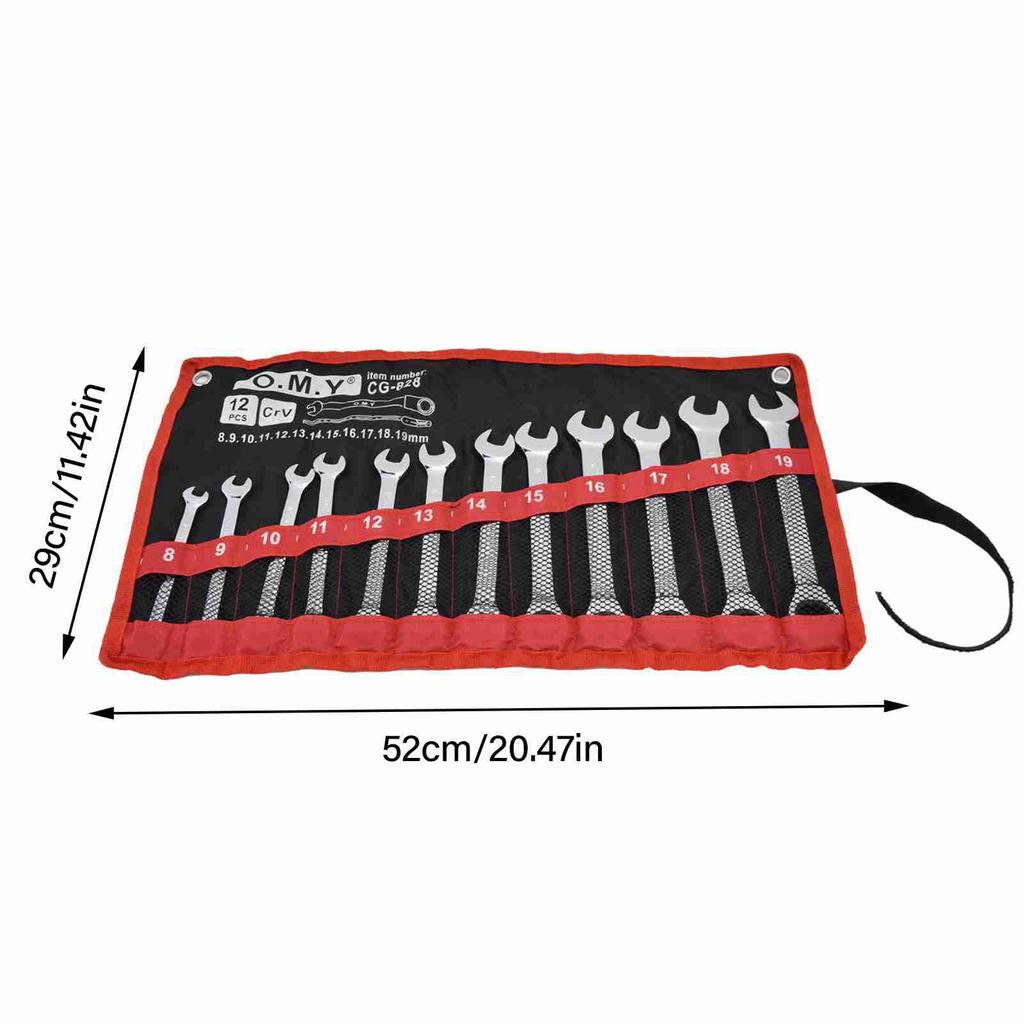 12Pcs Ratchet Wrench Set Kit Metric Combination Chrome Vanadium Steel 8‑19mm with Storage BagFixed Head