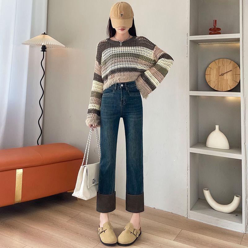 Retro Nine-point Jeans for Women In Autumn and Winter High-waisted New Small Straight Curled Slim Pants