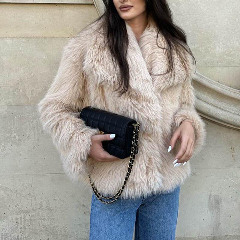 Women Fashion Cropped Faux Fur Jacket Coat Long Sleeve Front Snap-button Female Outerwear Chic Lapel Collar Thick Coat