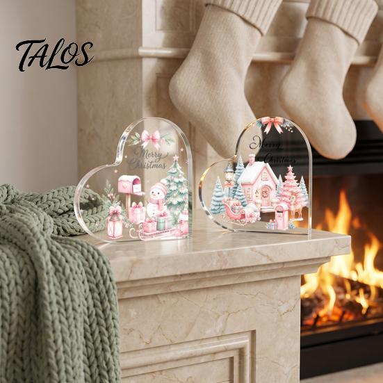 Romantic Christmas Gifts Heart Shaped Acrylic Tabletop Sign, 2D Winter Snow Scene Desktop Ornament Holiday Centerpieces with Santa, Snowman