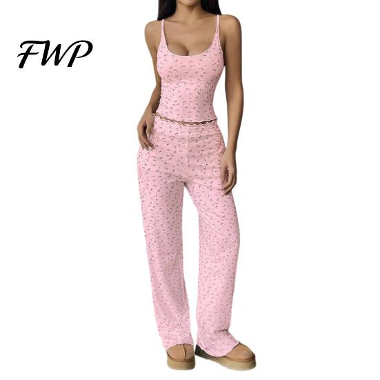 Casual Home Wear for Apartment Living Women Pajamas Set with Floral Print, Sleeveless U Neck Elegant Camisole Lounge Sets And Pants, Sexy Comfortable
