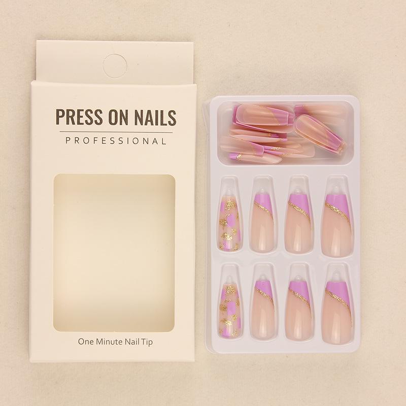 Purple Gold Glitter Medium-Long Luxury Nail Pieces with Jelly Glue