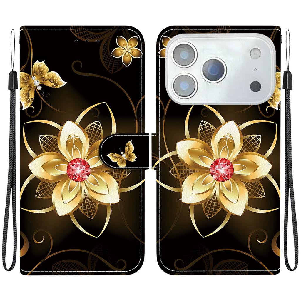 Pro iPhone 17 Pro Pouzdro Vzorový Tisk Odolné proti Pádu Kožené Vyklápěcí Peněženkové Pouzdro na Telefon se Šňůrkou