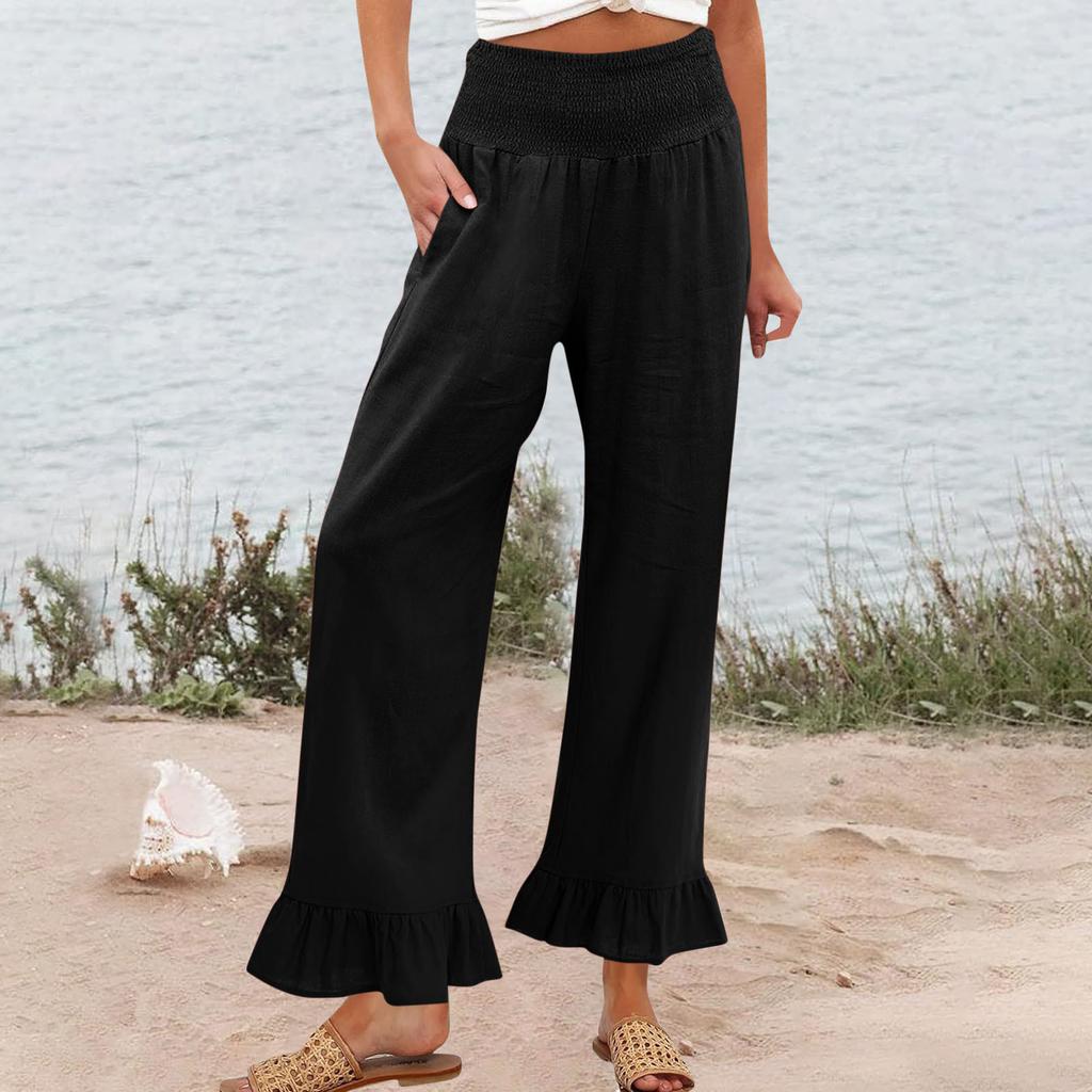 Women's Elastic Belt Pocket Linen Pants Pleated Paper Bag High Waist Ruffled Hem Wide Leg Trousers