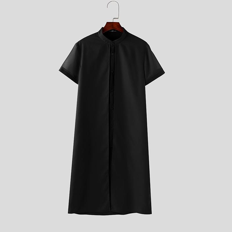 

INCERUN Мужские рубашки с воротником-стойкой, длинными рукавами, на пуговицах, имитация двухсекционного лоскутного кроя, прозрачная сетка, повседневные 5XL