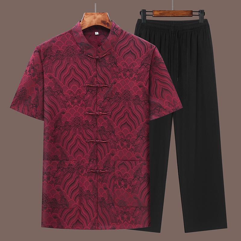 Men's Summer Tang Suit: Short Sleeve, Stand Collar, Frog Buttons, Two-Piece Set, Multi-color