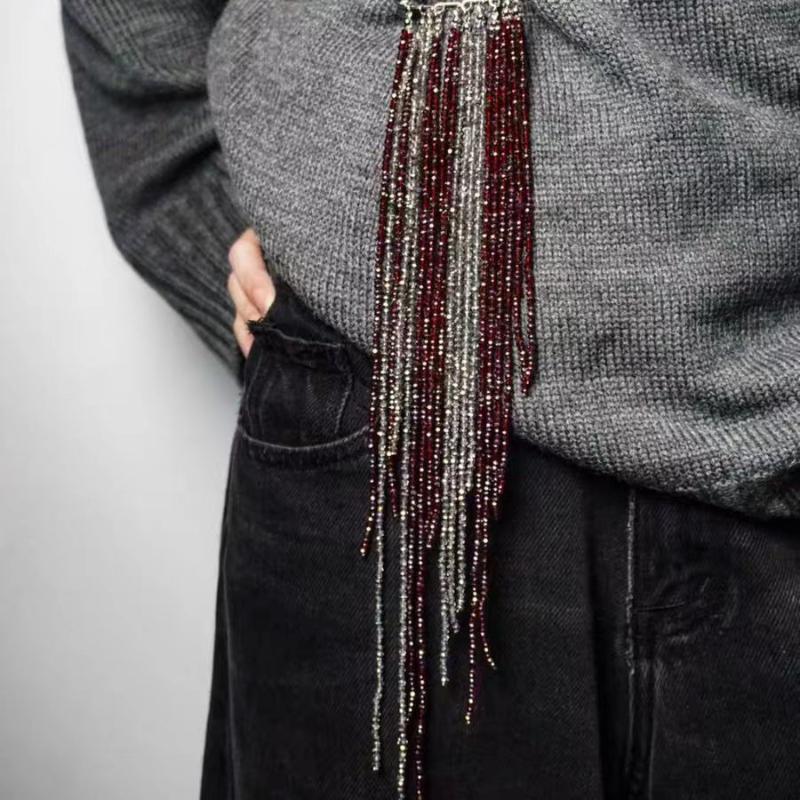 Fringed Beaded Chain Brooch Silver Red Beads Suit Pin Vintage Pendant for Women Elegant Office Party Gift