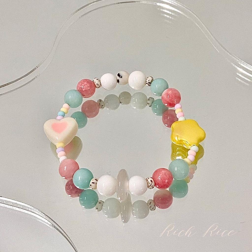 Cute Wind Summer Colorful Beaded Bracelets, Floral & Heart Design Candy Tone Bead Jewelry Perfect Gift