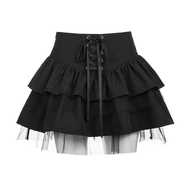 Women's Spring Autumn Tie-Front JK Skirt Ballet-Style Puffed Casual All-match Versatile Short Skirt High-Waisted Tulle Petite Black