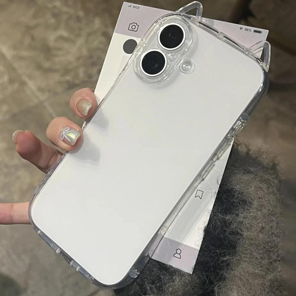 Lyxigt 3D kattöron sött genomskinligt skal till iPhone 14 15 16 Pro Max Plus 11 12 13 X Xr Xs 7 8 SE 2 genomskinligt stötsäkert mjukt skal