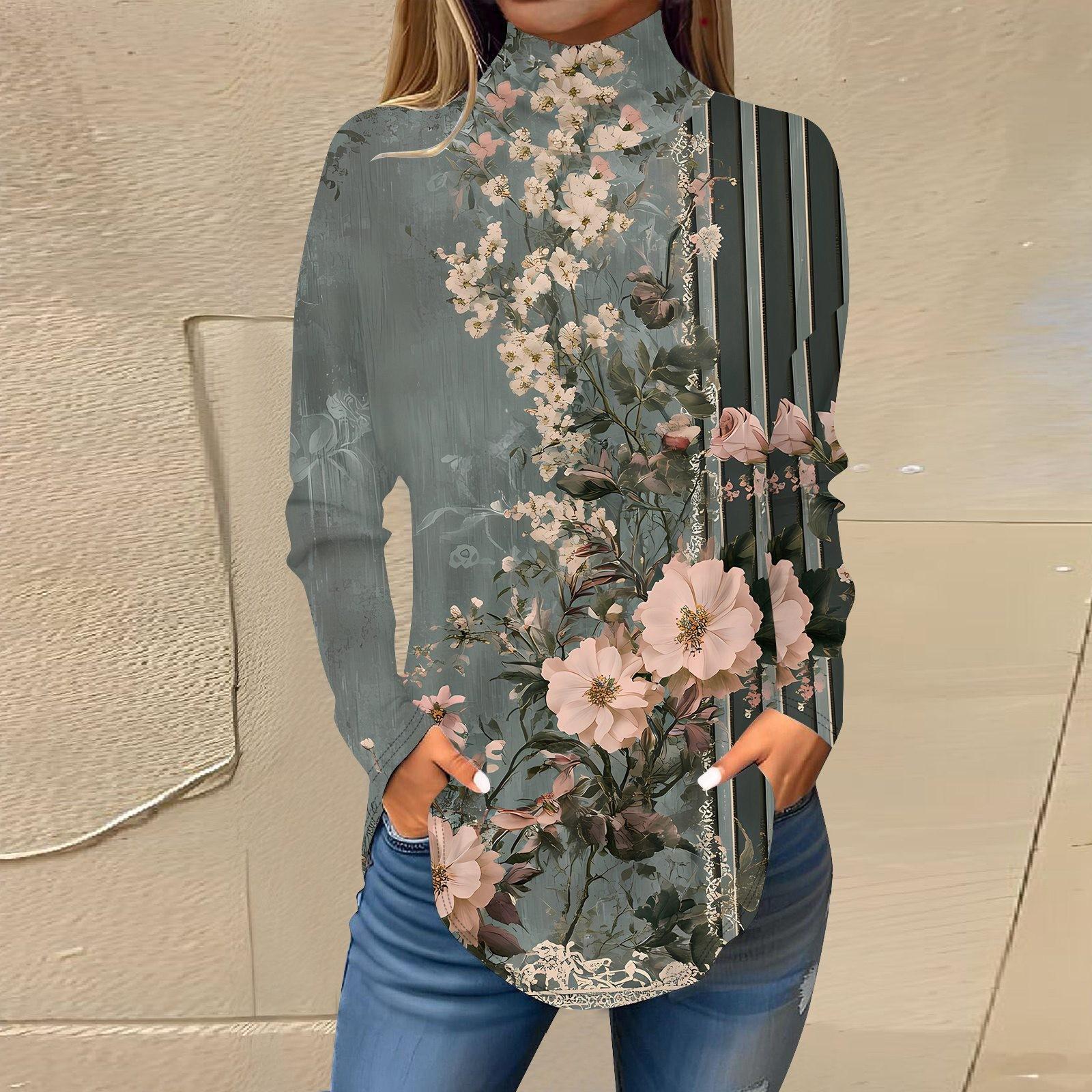 

Женская модная повседневная футболка с длинным рукавом с высоким воротом и принтом, пуловер, топ S тёмно-синий