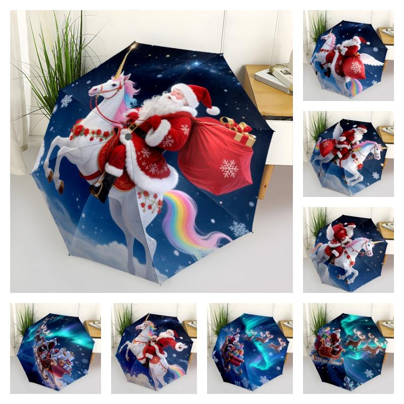 Christmas Santa & Rainbow Unicorn Print Umbrella, Compact Auto Open/Close Travel Umbrella, Windproof Waterproof for Holiday Season