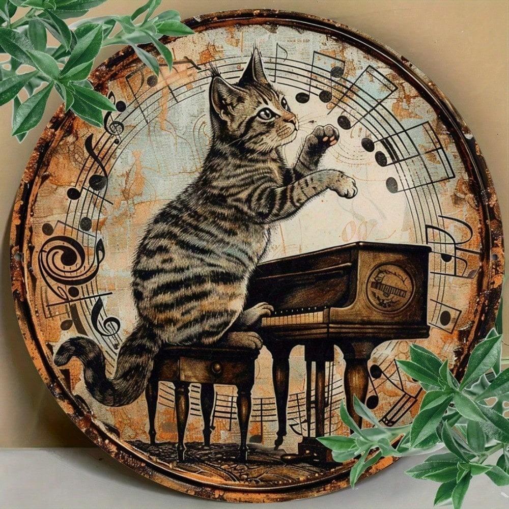Vintage Pianist Cat Metal Tin Sign Retro Wall Art for Home Cafe Garage