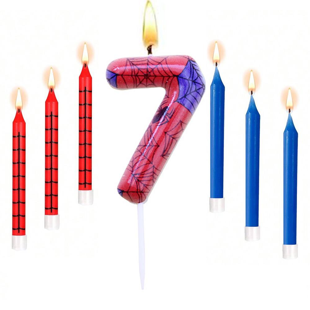 7pcs Red Blue Spider 8th Birthday Number Candles, Number 0-9 Candle Cake Topper Decorations for Spider Cartoon Themed Parties