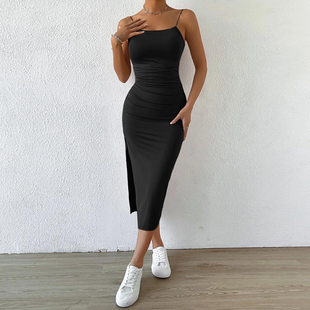 2024 Spring Women's European & American Backless Bodycon Sling Dress with Slit