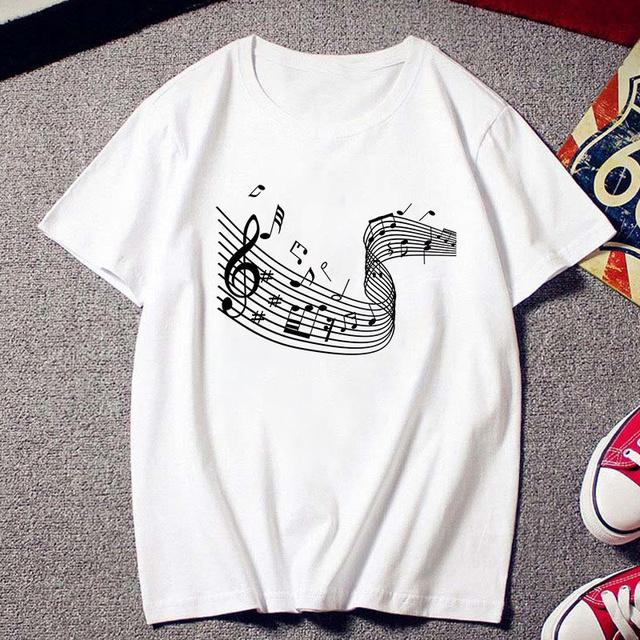 Fashion Creative Musical Note Printed T Shirt Female Harajuku Tshirt Ulzzang Clothes Vintage New White T -Shirt Women Tees Tops
