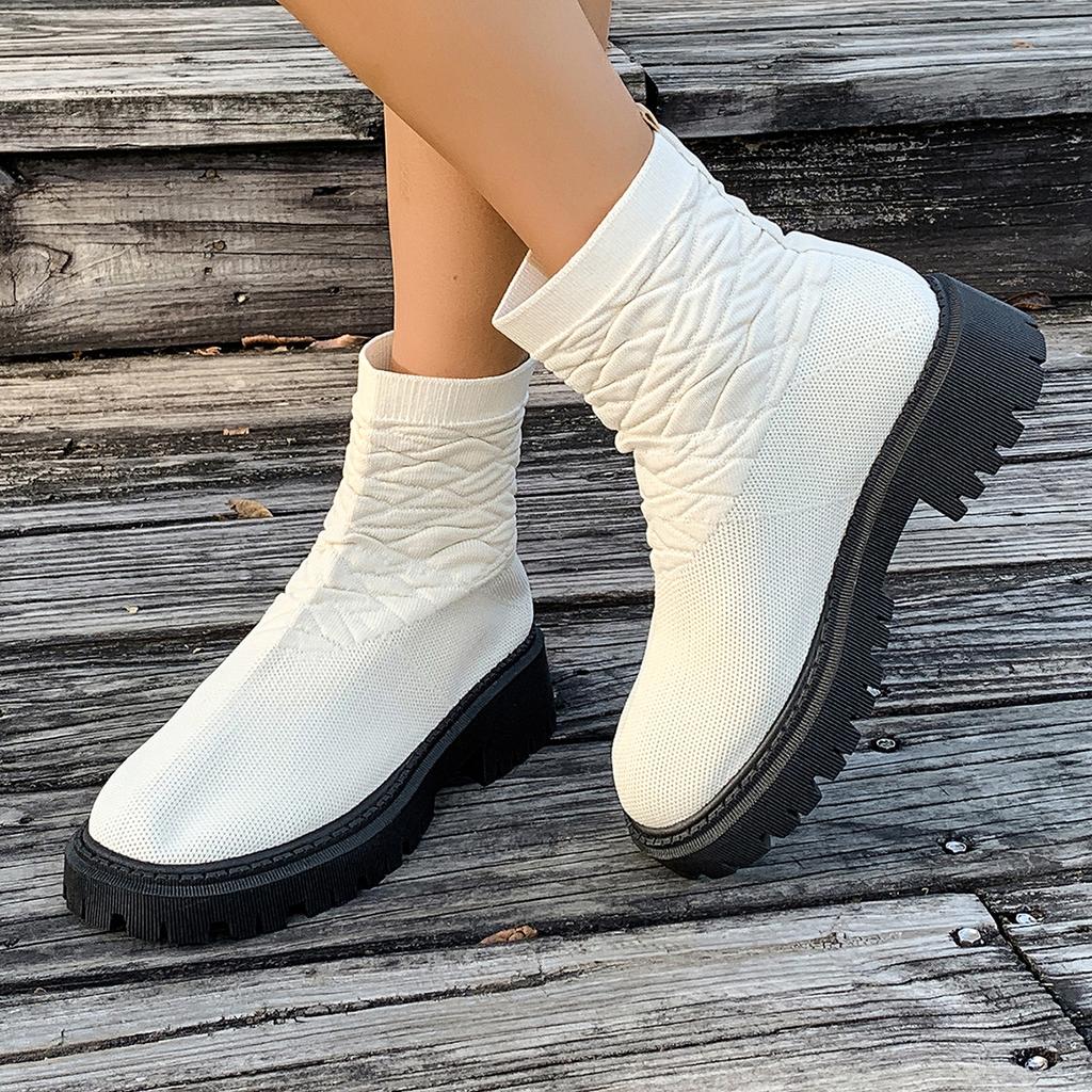 Autumn New Fly-woven Socks and Boots Women's Large-size Thick-soled Solid-color European and American Casual Martin Boots