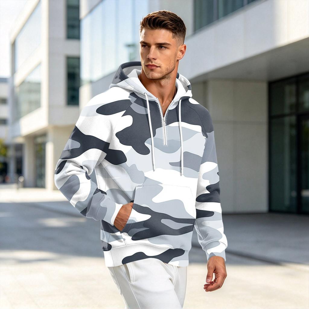 Men's Camouflage Print Zip-Up Hoodie, Casual Loose Fit Long Sleeve Hooded Sweatshirt for Fall Winter
