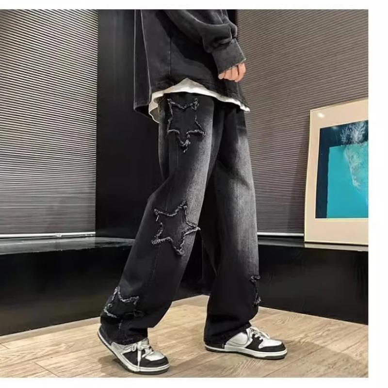 Spring and Autumn Men's Stars Towel Embroidery Brown Men Jeans Pants Clothes Straight Hip Hop Trousers