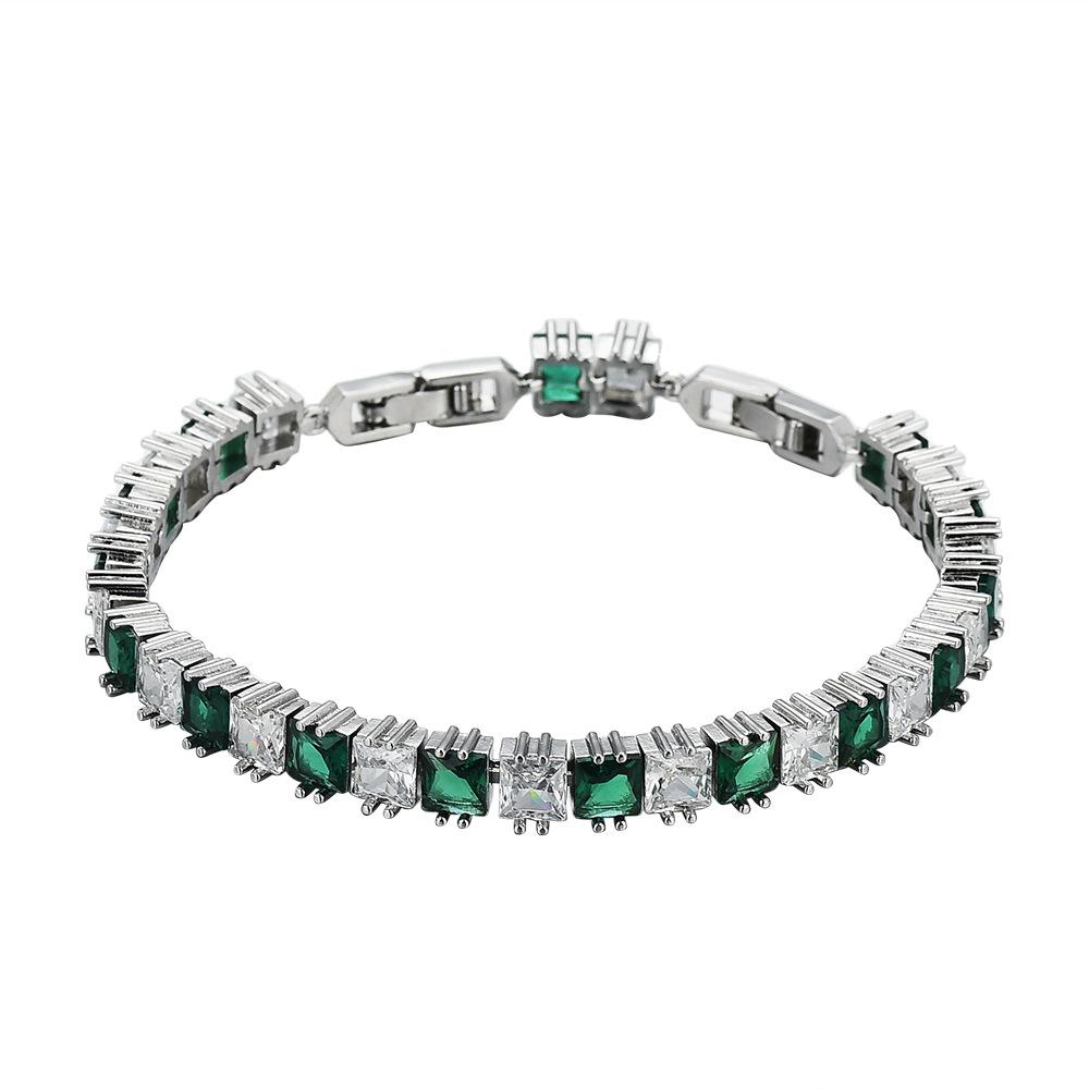 Chuangcan Square Emerald Full Diamond Tennis Bracelet, The Same Hip-Hop Color Zircon Inlaid Bracelet For Men And Women, Trendy Jewelry.
