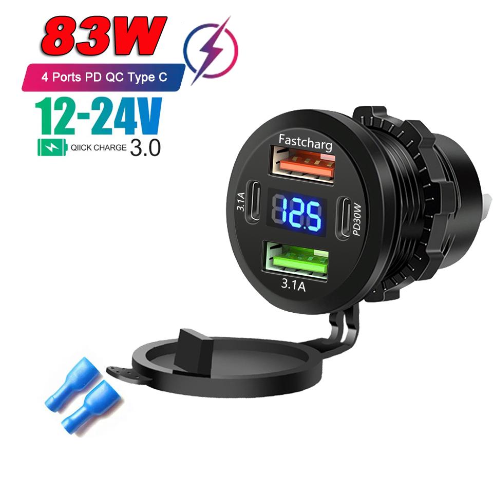 86W 4-Ports USB Charger with LED Voltmeter Dual PD & Dual QC3.0 Fast Charging Adapter Waterproof For 12/24V Car Boat Motorcycle