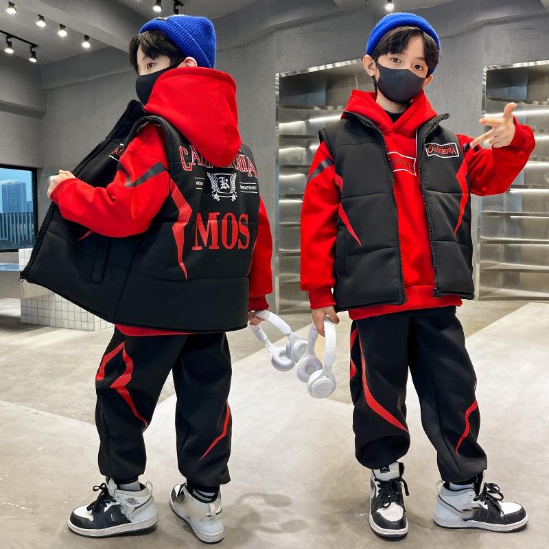 

Детская одежда для мальчиков, осенние и зимние костюмы, спортивные костюмы для больших детей, жилеты для мальчиков из плотного бархата, комплект из трех частей 120 красный