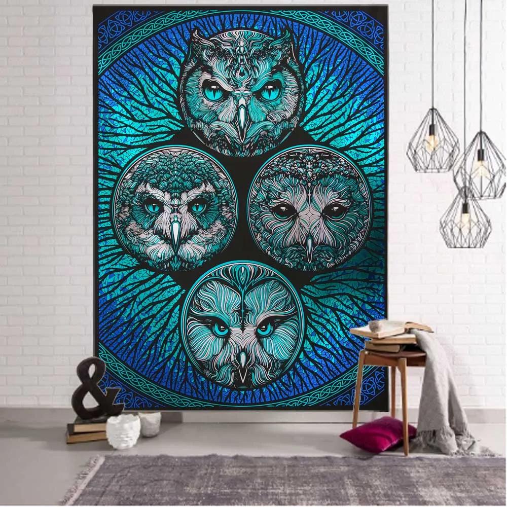 Owl Art Tapestry Psychedelic Animal Print Wall Hanging Aesthetics Room Living  Bedroom Background