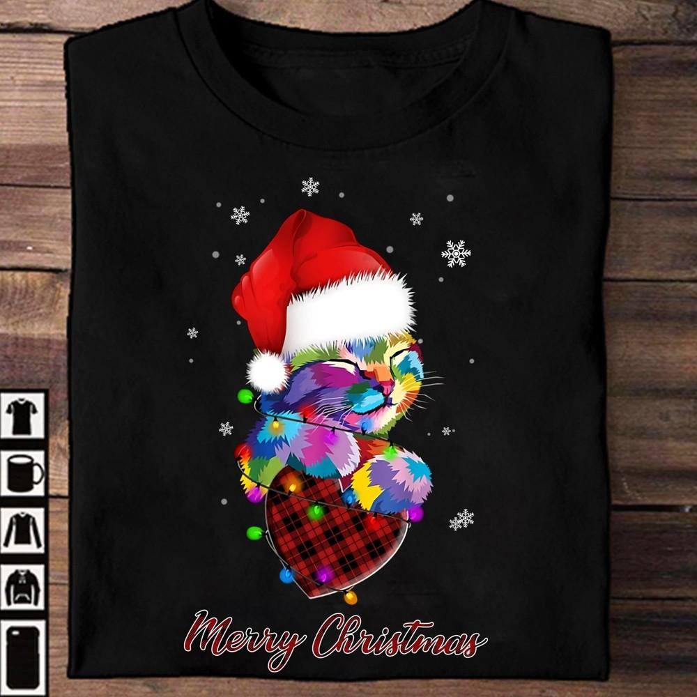Cat Christmas Lights - Merry Christmas Black Shirt S-5XL HS130 Unisex T-Shirt XXL