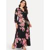 Women's V Neck Long Sleeve Printed Maxi Dress High Waist Casual Plus Size Gown