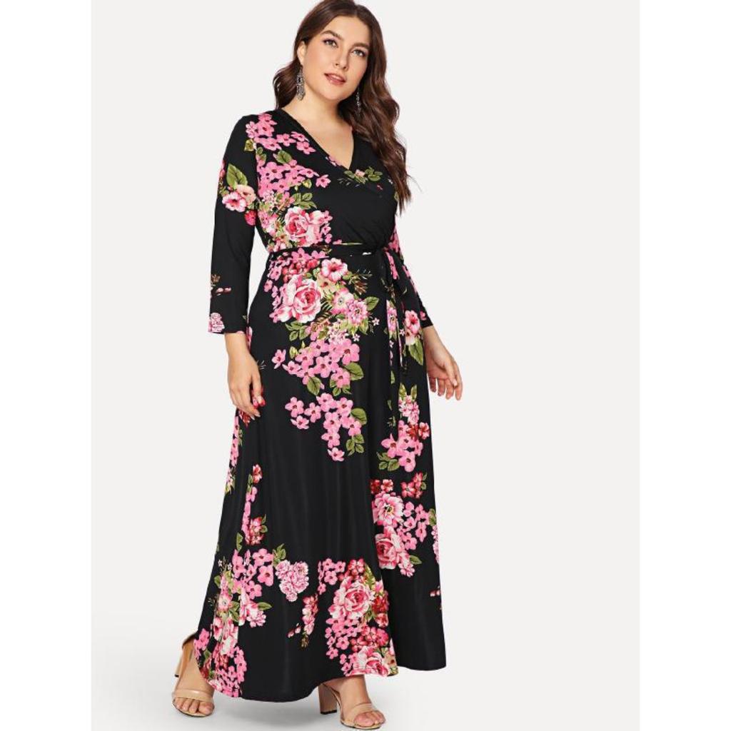 Women's V Neck Long Sleeve Printed Maxi Dress High Waist Casual Plus Size Gown