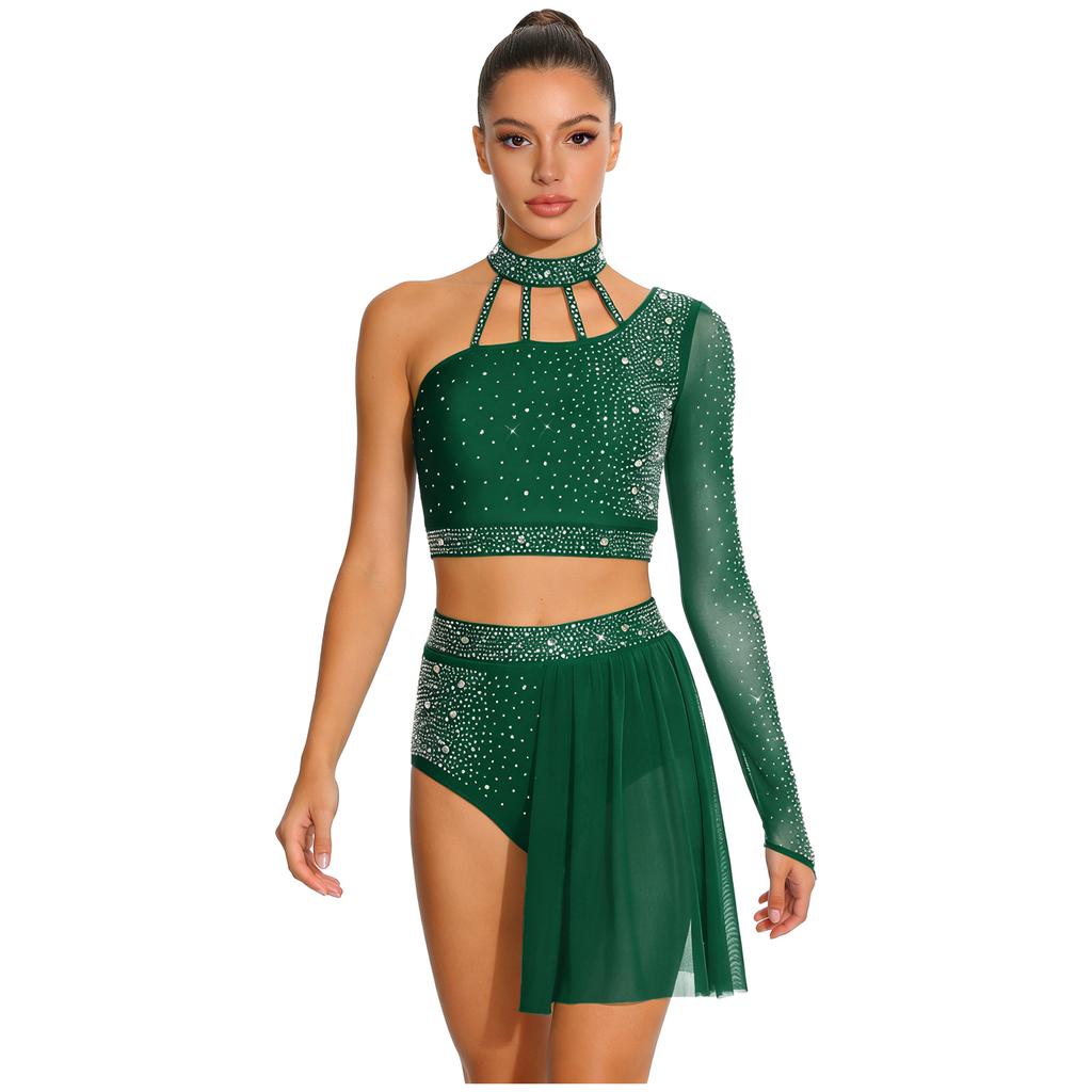 Women's Latin Dance Costume S-XXL: Asymmetrical Halter Top with Single Sleeve & Stappy Back + Rhinestone Mesh Hem Shorts