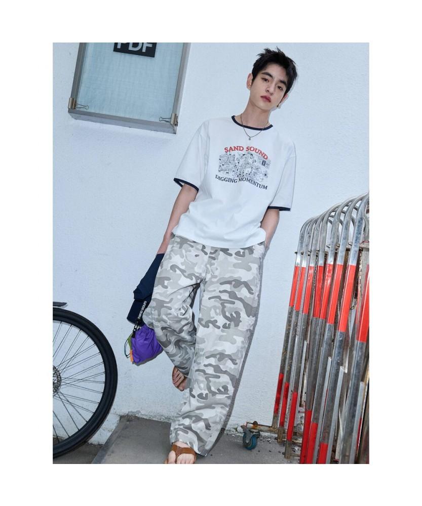 Saendeusaundeu (Unisex) Ringer Print Short Sleeve T-Shirt White