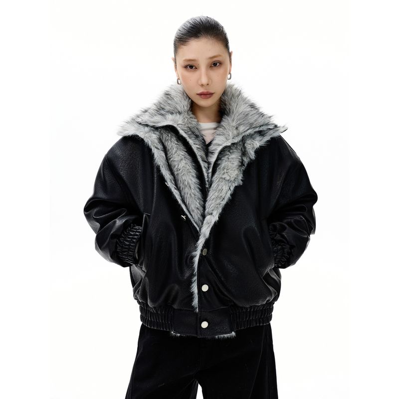 Kisko Winter American-Style Mountain Carving Warm Leather Jacket Cotton Coat for Men and Women, Cool Two-Piece Faux Silhouette Jacket Trendy