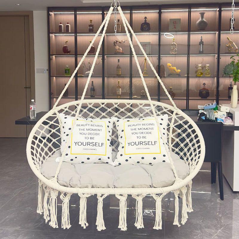 Nordic Indoor Outdoor Double Hanging Chair Swing with Tassel Cradle - Cotton and Linen Hammock for Homestay or Balcony.