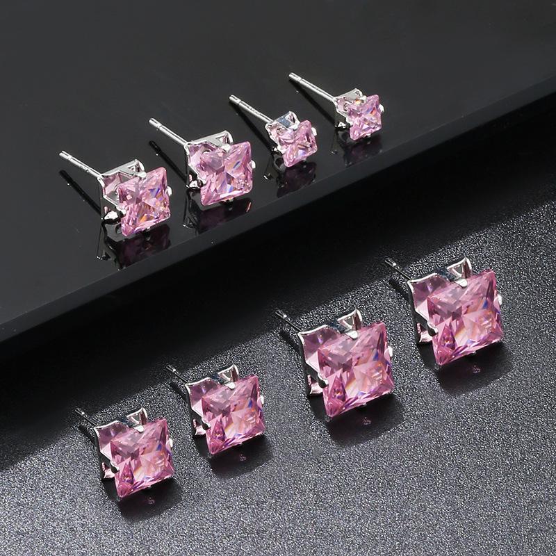 S925 Ear Piercing Four-Claw Square Zircon Niche Simple Elegant New Light Luxury Commuting Ear Bone Stud Earrings pink square-4mm