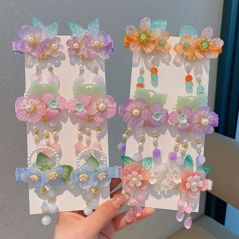 1 Pair Hanfu Flower Hair Clip Children'S Antique Style Tassel Hair Clip Headwear For Girls Bangs Hair Accessories