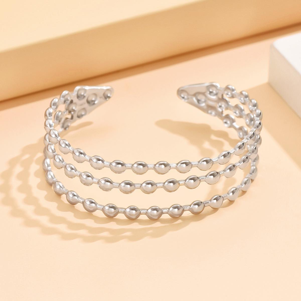 Retro Hollowed Three-Row Beaded Chain Adjustable Stainless Steel Bangle Bracelet