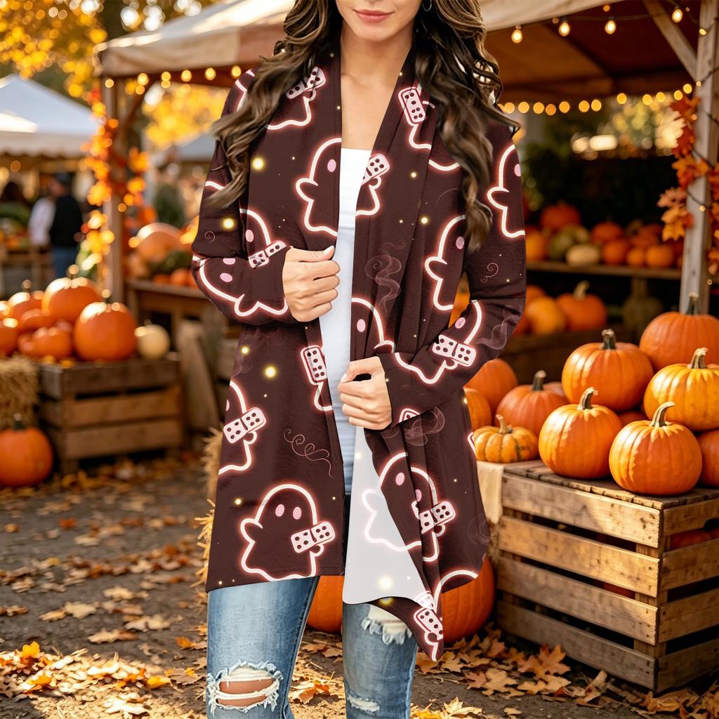 Damen Trendy Halloween-Print Langarm-Strickjacke Pullover für Lässige Herbstmode