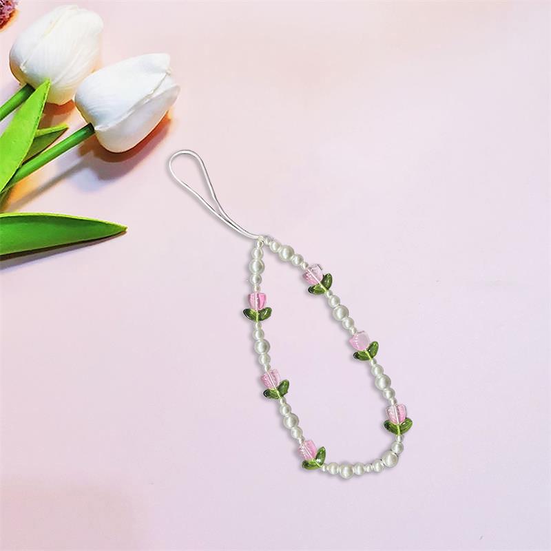 

Милый красочный цветок тюльпана, бисерная цепочка для мобильного телефона, цепочка для мобильного телефона в форме сердца для девушки, милые аксессуары для телефонной подвески розовый