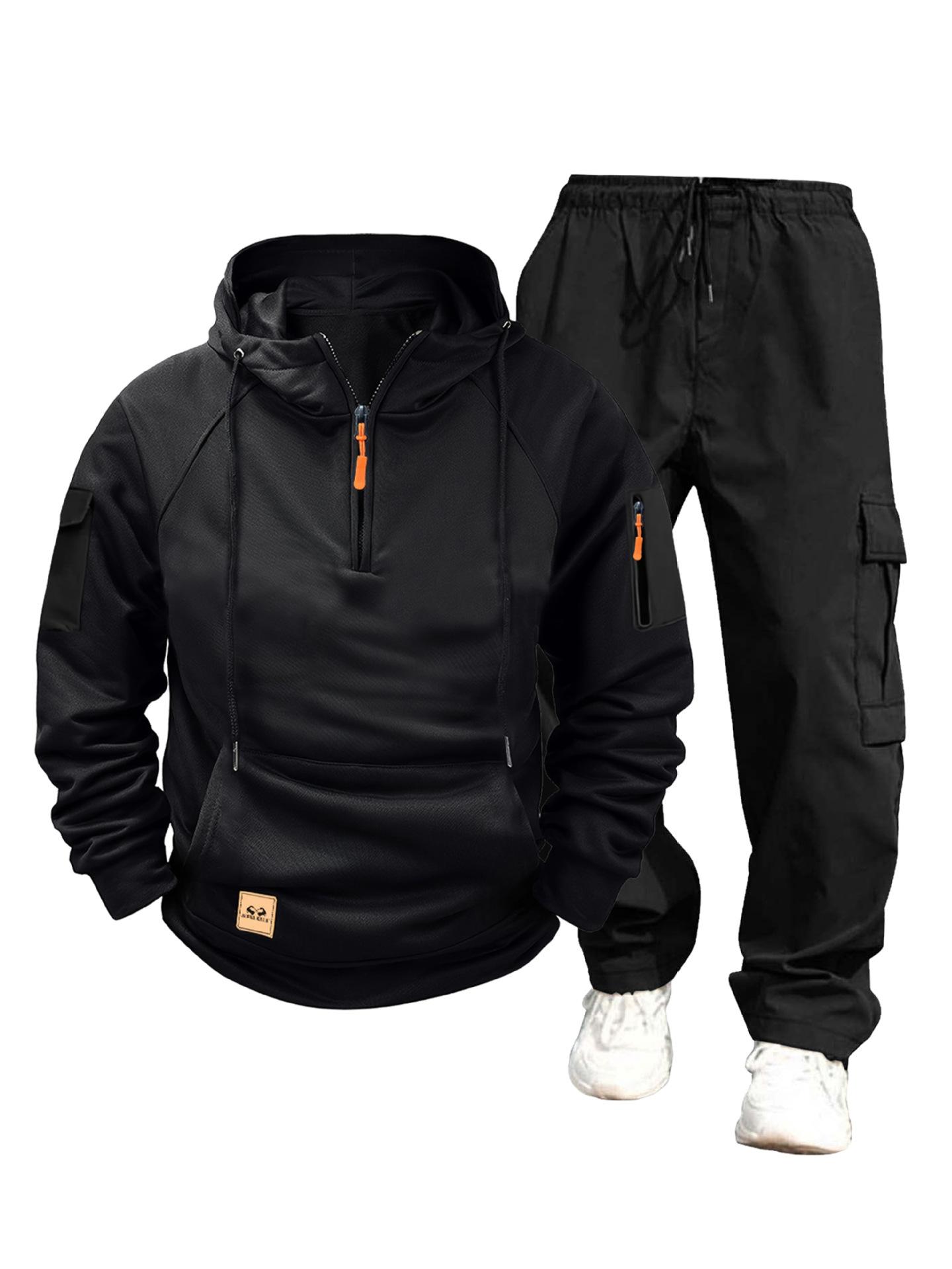 New autumn and winter men s sweater hoodie zipper multi-pocket jumper casual sweater set S