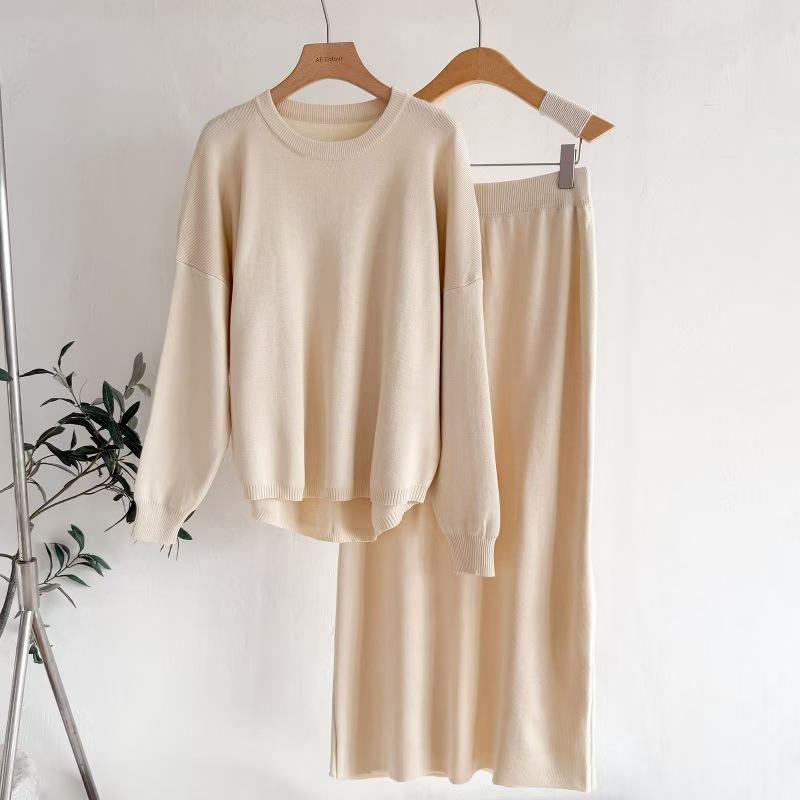 

European and American Women s Solid Color Knit Set - Long-Sleeve Casual Fashion for Autumn/Winter One Size абрикосовий