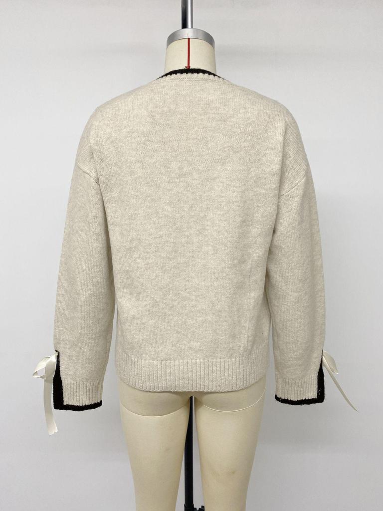 European 2026 Autumn/Winter Color Block Bow Cuff Sweater for Women