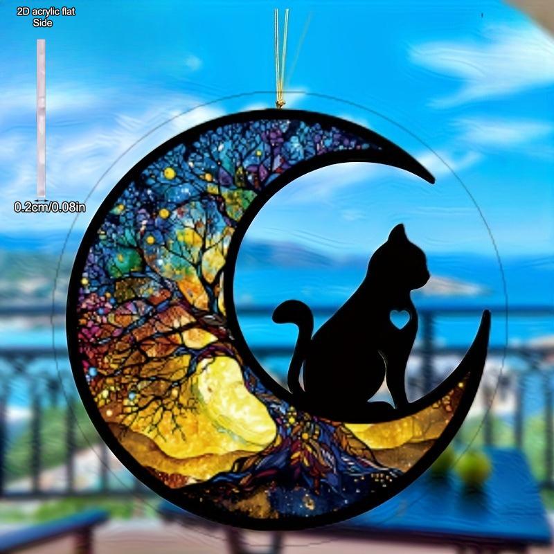 Cat Moon Tree of Life Theme Sun Catcher Acrylic Hang Sign, Nurseries, Vintage Home Decor Wall for Bar Kitchen, Restaurant Shop Wall Decor, Gar