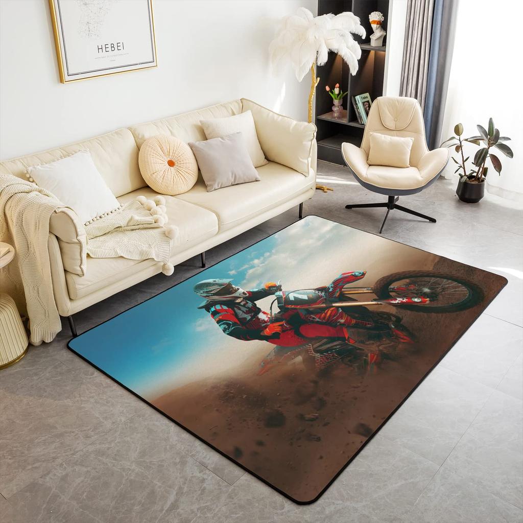 Teen Dirt Bike Area Rug for Living Room Motocross Rider Floor Mat Motorbike Extreme Sport Carpet Snow Mountain Landscape Doormat