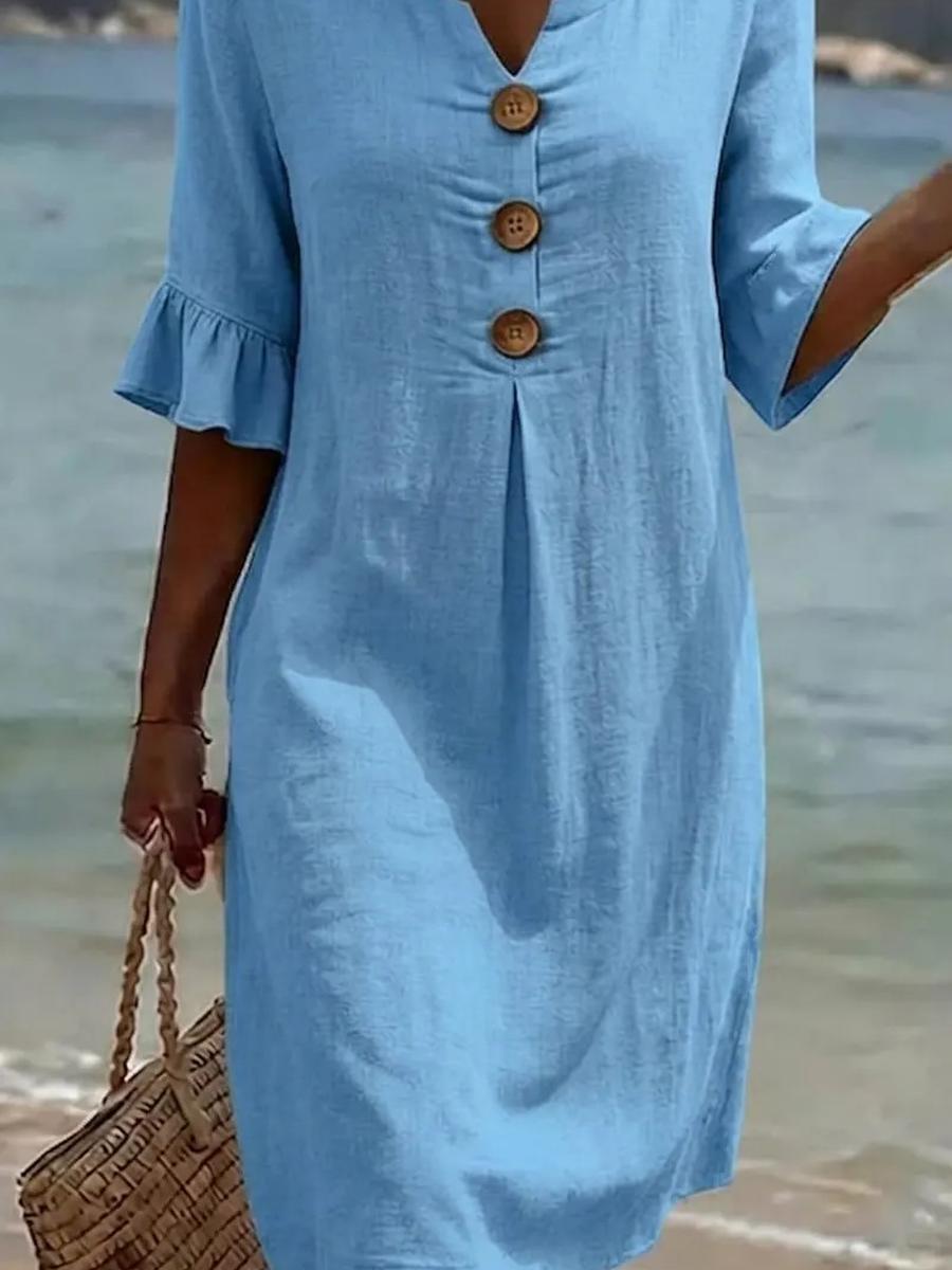 Summer New Women Solid Casual Comfortable Cotton Dress S