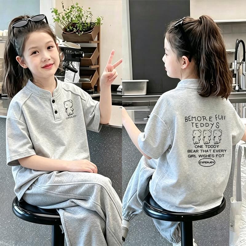 Korean Style Girls' Cartoon Stand-up Collar Short-Sleeve Polo T-shirt - 2026 Summer Trend for Kids in Pure Cotton